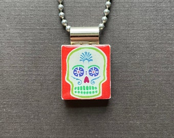 Sugar Skull pendant for Day of the Dead on scrabble tile with long ball chain