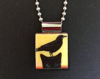 Raven and Cat Necklace, Crow and Cat Jewelry, Handmade Jewelry, handmade scrabble tile jewelry, cat and Crow pendant, halloween jewelry