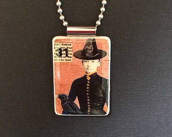 Witch and Raven Necklace, Handmade Halloween Jewelry, Recycled Mahjong jewelry, Raven Necklace, Crow Pendant, Halloween Pendant, crow gift