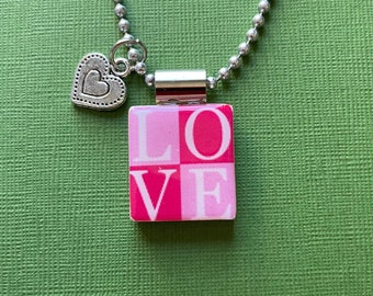 Valentine scrabble tile jewelry with heart charm and long ball chain