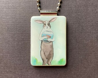bunny with aquarium pendant on reclaimed Mahjong tile with long ball chain