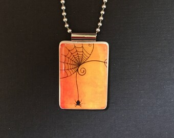 Cobweb necklace, handmade halloween jewelry, cobweb jewelry, halloween pendant, Orange and Black Halloween jewelry, spider jewelry