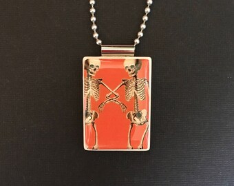 Twin Skeleton necklace, handmade Halloween skeleton pendant, handmade jewelry, recycled Mahjong jewelry, Halloween gift, skeleton pendant