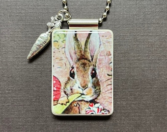 Handmade Peter Rabbit pendant with carrot charm on long ball chain