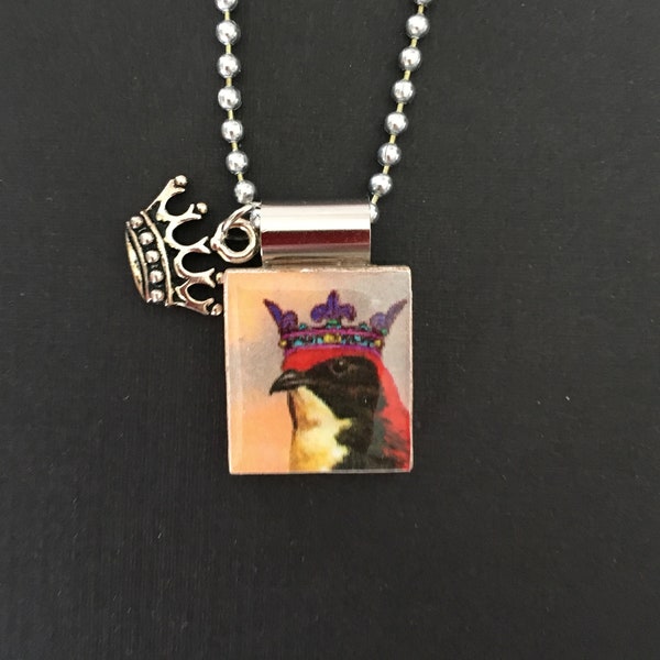 Bird With Crown Handmade Scrabble Tile Pendant with Long Chain