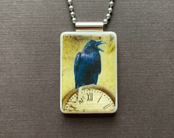 Raven one clock pendant on reclaimed mahjong tile with long ball chain, Halloween Raven jewelry