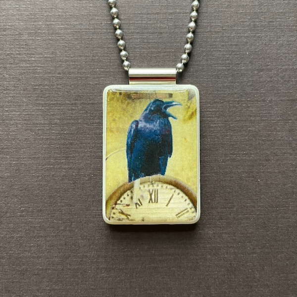 Raven one clock pendant on reclaimed mahjong tile with long ball chain, Halloween Raven jewelry
