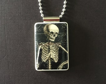 halloween skeleton pendant, handmade skeleton jewelry on mahjong tile and long ball chain