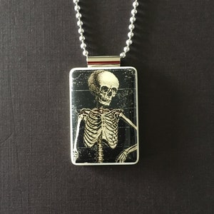halloween skeleton pendant, handmade skeleton jewelry on mahjong tile and long ball chain image 1