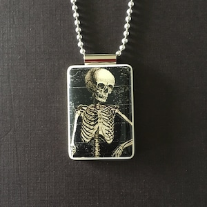 halloween skeleton pendant, handmade skeleton jewelry on mahjong tile and long ball chain
