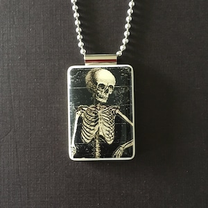 halloween skeleton pendant, handmade skeleton jewelry on mahjong tile and long ball chain image 1