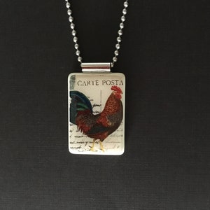 Rooster Jewelry on Long Chain, Handmade Jewelry on Mahjong Tile