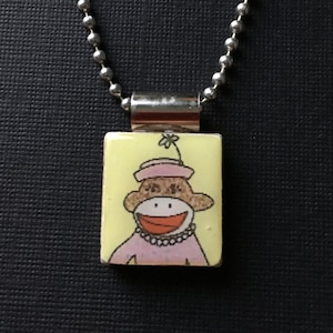 sock monkey jewelry, handmade sock monkey jewelry, lady sock monkey pendant, sock monkey necklace, recycled scrabble jewelry, monkey gift