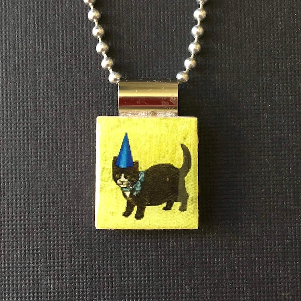 Cat scrabble pendant, handmade kitty jewelry, kitty cat necklace, recycled scrabble tile pendant, cat lover's gift, cat in hat, birthday hat