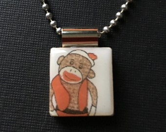 sock monkey jewelry, handmade sock monkey necklace, handmade jewelry, sock monkey pendant, recycled scrabble tile jewelry, monkey gift,