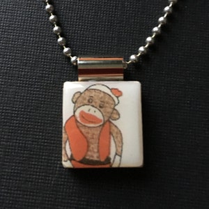 sock monkey jewelry, handmade sock monkey necklace, handmade jewelry, sock monkey pendant, recycled scrabble tile jewelry, monkey gift,