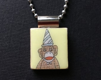 Sock Monkey Jewelry, Handmade Sock Monkey pendant, handmade jewelry, birthday monkey necklace, recycled scrabble tile jewelry, monkey gift