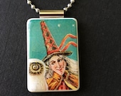 Vintage Halloween Witch Pendant, Halloween necklace, witch jewelry, handmade Halloween jewelry, mahjong tile jewelry, witch and owl pendant
