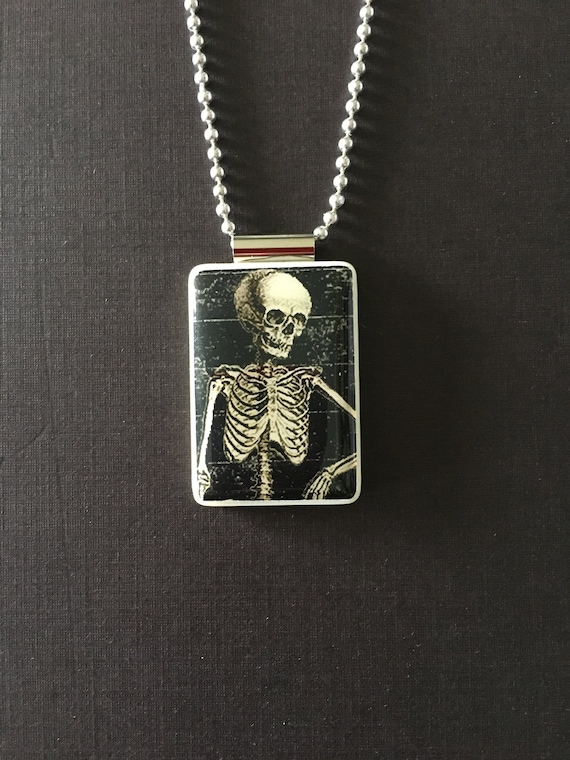halloween skeleton pendant, handmade skeleton jewelry on mahjong tile and long ball chain