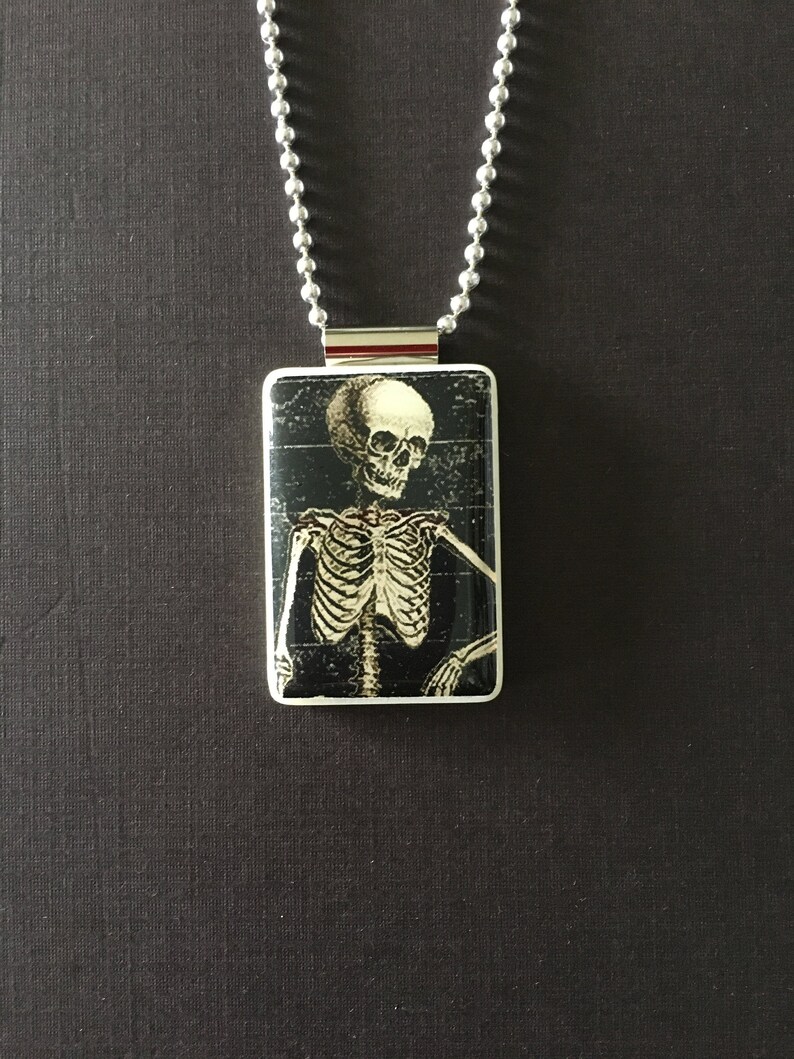 May include: A silver chain necklace with a rectangular pendant featuring a black and white image of a skeleton.