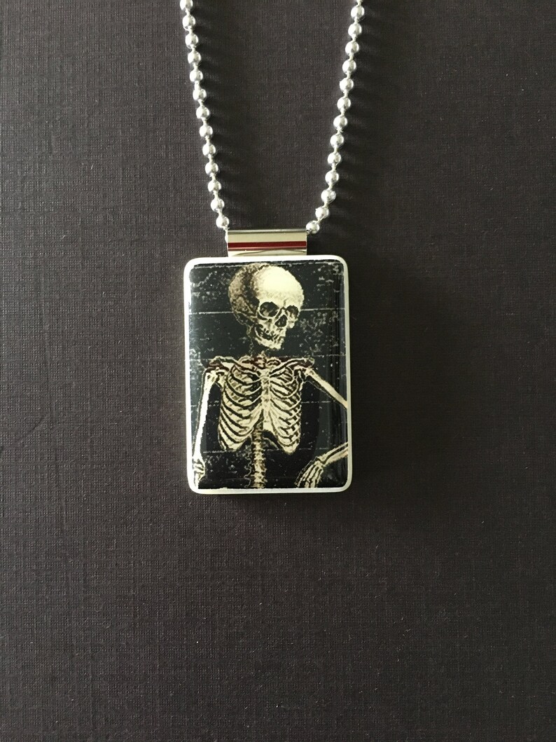 halloween skeleton pendant, handmade skeleton jewelry on mahjong tile and long ball chain image 1