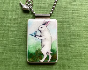 Bunny and Bluebird pendant on Mahjong tile, handmade jewelry for Easter on long ball chain
