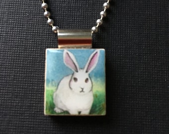 Bunny pendant, handmade Easter jewelry, handmade bunny necklace, Easter gift, bunny necklace, rabbit jewelry, recycled scrabble tile jewelry