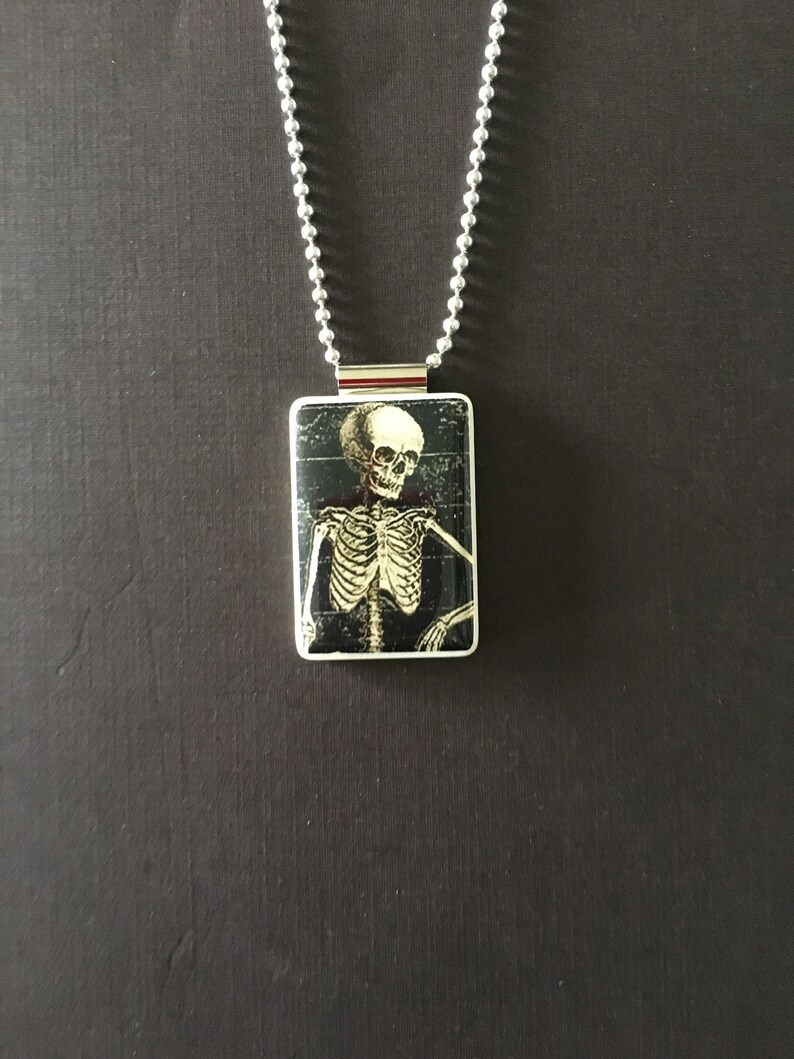 May include: A silver chain necklace with a rectangular pendant featuring a black and white image of a skeleton.