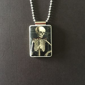 halloween skeleton pendant, handmade skeleton jewelry on mahjong tile and long ball chain image 5