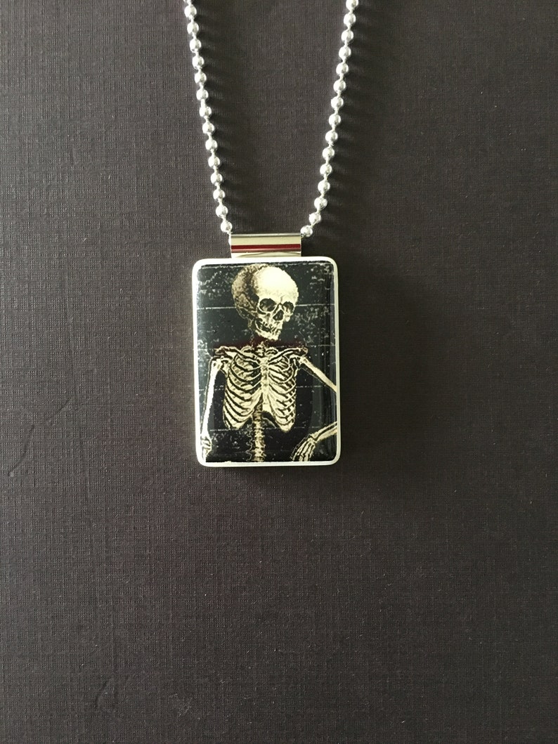 May include: A silver chain necklace with a rectangular pendant featuring a black and white image of a skeleton.