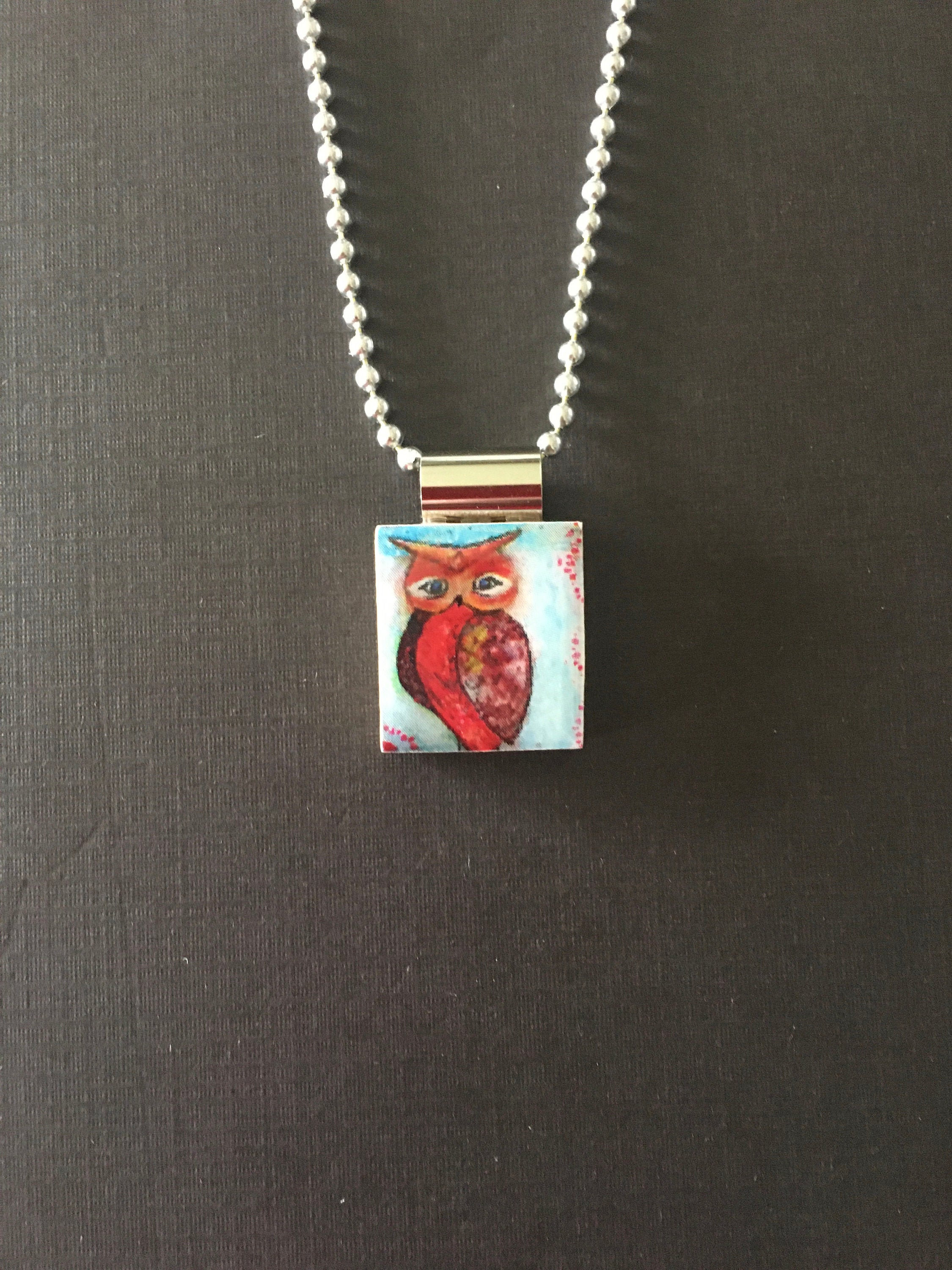 owl pendant on recycled scrabble tile pendant with long chain, handmade jewelry