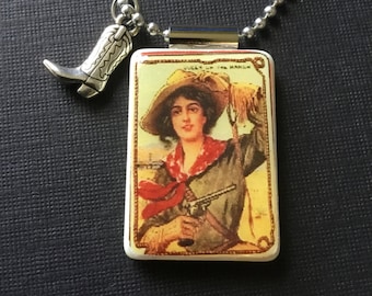 Cowgirl jewelry, rodeo jewelry, cowgirl necklace, western jewelry, cowgirl pendant, handmade jewelry, recycled jewelry, cowgirl pendant