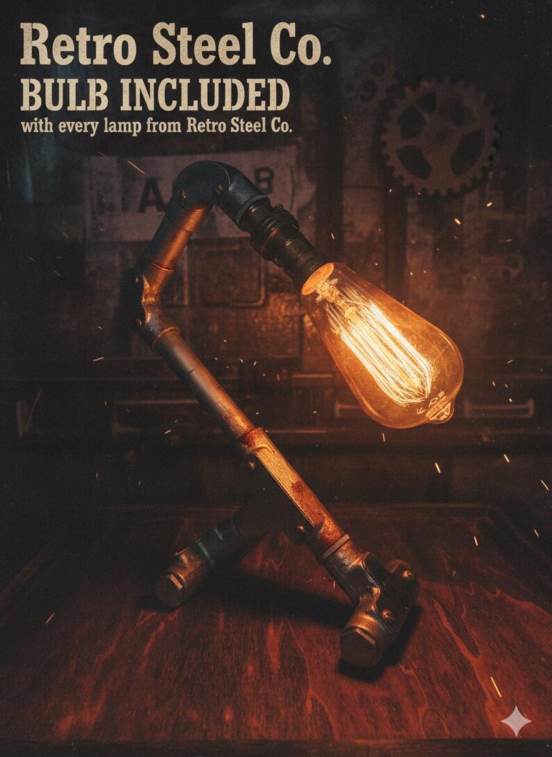 Bulb Included Image Vintage Edison bulb included with handmade industrial pipe lamp, retro steel desk lighting for urban home decor and cinematic interior aesthetics.