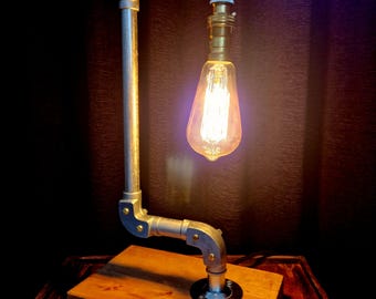 Industrial Desk Lamp, | Wood Base Steampunk Light | Heavy Pipe Table Lamp | Dark Academia Decor WBL-01