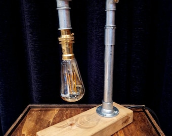 Industrial Desk Lamp | Wood Base Steampunk Light | Heavy Pipe Table Lamp | Dark Academia Office Accent WBL-05