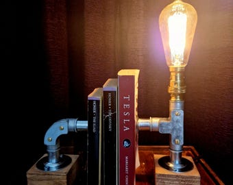 Industrial Desk Lamp | Wood Base Steampunk Light | Bookend Table Lamp | Dark Academia Desk Organiser BKE-01