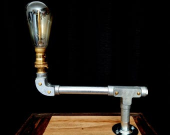 Industrial Desk Lamp | Steampunk Pipe Light | Wood Base Table Lamp | Dark Academia Office Accent WBL-04