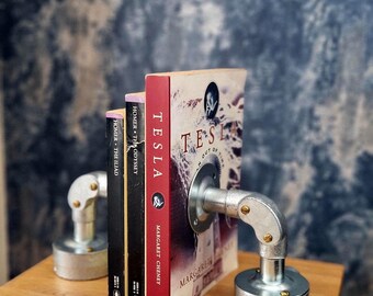 Industrial Metal Bookends | Steampunk Desk Decor | Heavy Steel Book Ends | Dark Academia Office Accent | Workspace Organiser