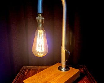 Industrial Desk Lamp | Wood Base Steampunk Light | Heavy Pipe Table Lamp | Dark Academia Decor WBL-02