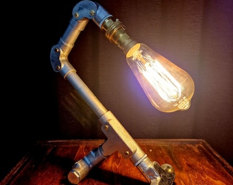 Industrial Desk Lamp | Steampunk Light Pipe Table Lamp | Compact Steel | Dark Academia Office Decor | Studio Workspace Accent SCL-03