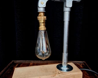 Industrial Desk Lamp | Wood Base Steampunk Light | Heavy Pipe Table Lamp | Dark Academia Office Accent WBL-06