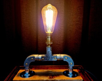 Industrial Desk Lamp | Steampunk Pipe Light | Wood Base Table Lamp | Dark Academia Office Accent WBL-03