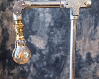 Industrial Desk Lamp | Steampunk Pipe Light | Wood Base Table Lamp | Dark Academia Office Accent WBL-07