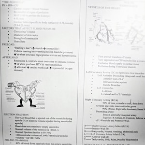 May include: Diagram of the human heart with labels explaining the different parts of the heart and the vessels of the heart. The diagram includes the left coronary artery, right coronary artery, and the aorta. The diagram also includes labels for the preload, afterload, and ejection fraction.