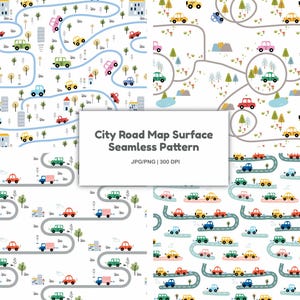 以下が含まれることがあります： 白い背景に、カラフルな車、木、建物が描かれた都市の道路地図デザインのシームレスパターン。画像には「City Road Map Surface Seamless Pattern」というテキストが含まれています。