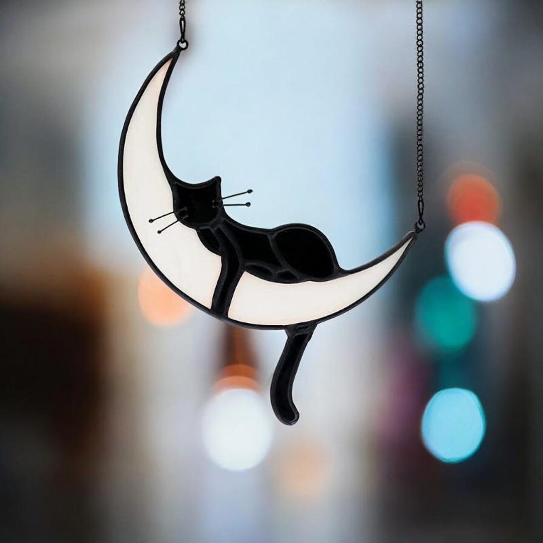 Sleeping Cat on Moon Suncatcher, Window Hanging Sun Catcher, Stained ...