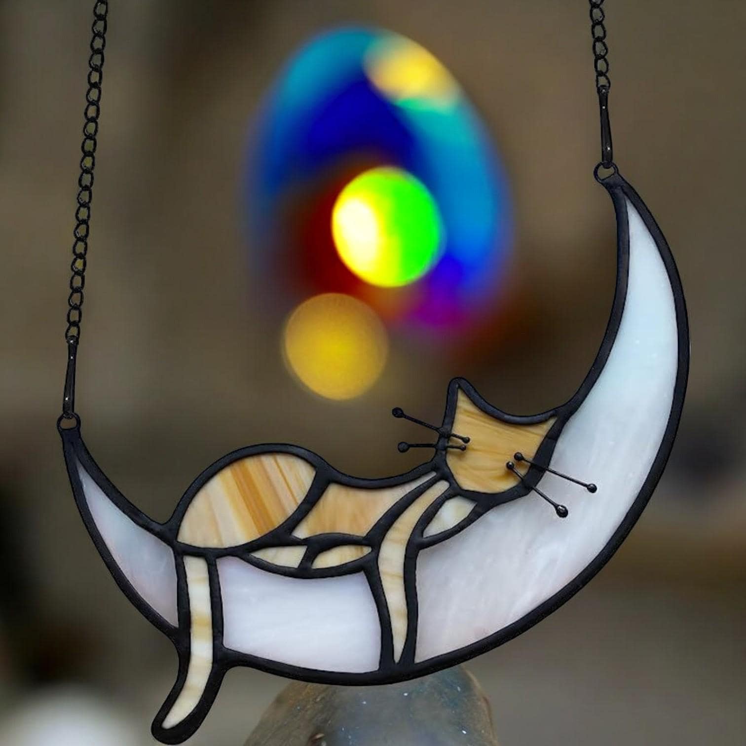 Sleeping Cat on Moon Suncatcher, Window Hanging Sun Catcher, Stained ...