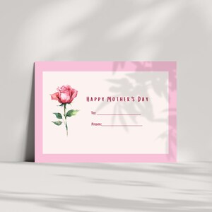 Muttertag druckbare Karte | Muttertagskarte | Rosa Muttertagskarte | Muttertags-Rosenkarte im Postkarten-Stil