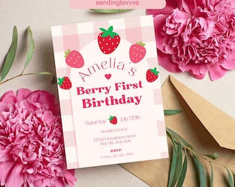 Berry First Birthday Card  | Strawberry Themed Birthday Card | Birthday Invitation
