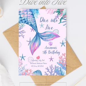 Invitación de cumpleaños con temática de sirena "Sumérgete en cinco" / Invitación de cumpleaños para hija de cinco años / Tarjeta de cumpleaños "Sumérgete en cinco" para niña pequeña